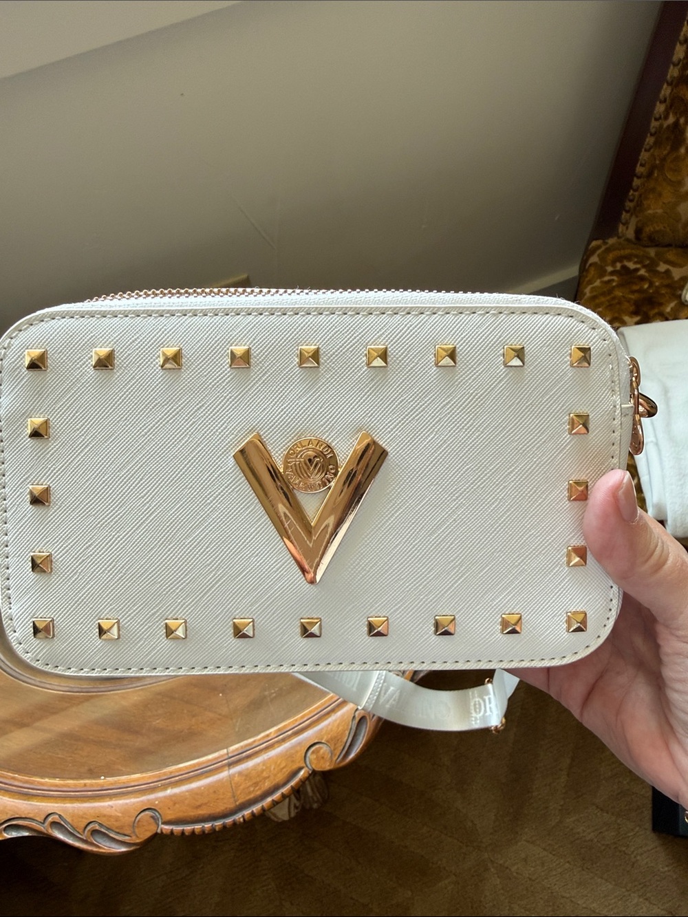 Valentino Orlandi White Crossbody with Gold Stud and V Emblem